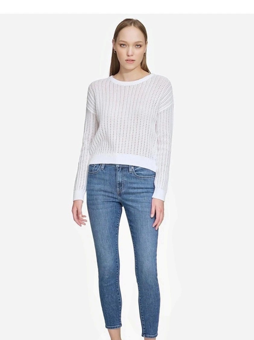 DKNY Jeans Open Knit Pointelle Crewneck Sweater Crew Neck Sweater medium